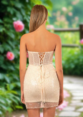 Bethany | Bodycon Champagne Sequin Corset Strapless Short Homecoming Dress - Champagne - PromDressClub